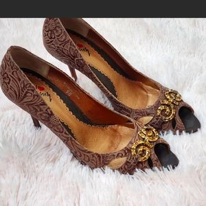 Lui Chiny Purple Textured Rhinestone Floral Pattern Peep Toe Pumps Heels Size 9